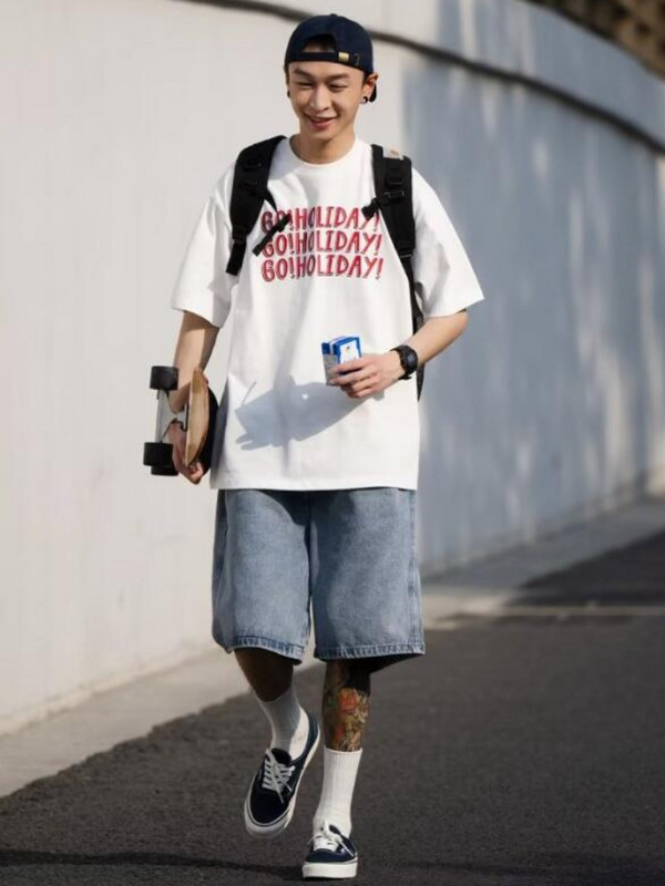 Farmer rövidnadrág Férfi Laza Egyszerű Nyári Népszerű Harajuku Japán stílusú Vintage mosott teljes hosszúságú, összjátékos utcai ruházat Főiskola új