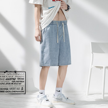 Καλοκαιρινό λεπτό ανδρικό τζιν σορτς φαρδύ ίσιο μόδα Ελαστική μέση ανοιχτό μπλε κοντό τζιν Κορεάτικο Streetwear Σορτς Γόνατο Ανδρικό