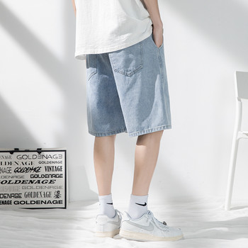Καλοκαιρινό λεπτό ανδρικό τζιν σορτς φαρδύ ίσιο μόδα Ελαστική μέση ανοιχτό μπλε κοντό τζιν Κορεάτικο Streetwear Σορτς Γόνατο Ανδρικό