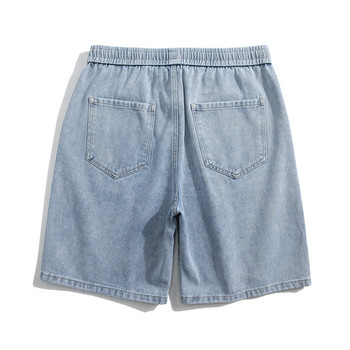 Летни тънки мъжки дънкови шорти Широки прави модни ластични талии Светло сини къси дънки Корейски улични къси панталони до коляното Мъжки