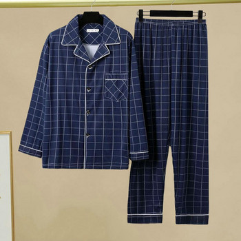 Комплект мъжки пижами Milk Silk Loungewear Мъжки комплект пижами с карирани щампи за есен и зима с ревери в цвят, едноредни