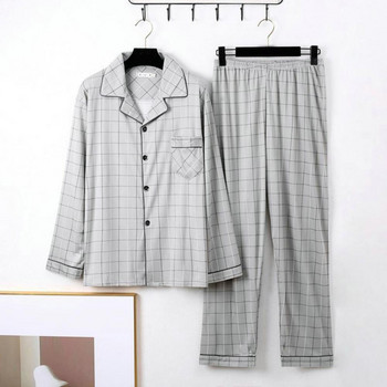 Комплект мъжки пижами Milk Silk Loungewear Мъжки комплект пижами с карирани щампи за есен и зима с ревери в цвят, едноредни