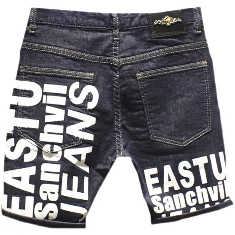 Vara 2023, noua literă coreeană imprimată, blugi subțiri, moda de lux, clasici, cowboy, bărbați, casual, albastru, prieten, stradă, pantaloni scurți clasici