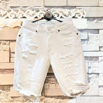 Бели дънкови къси панталони Мъжки универсални модни тесни еластични къси панталони с разкъсани дупки Streetwear Hip Hop Denim Shorts за мъже шорти мужские