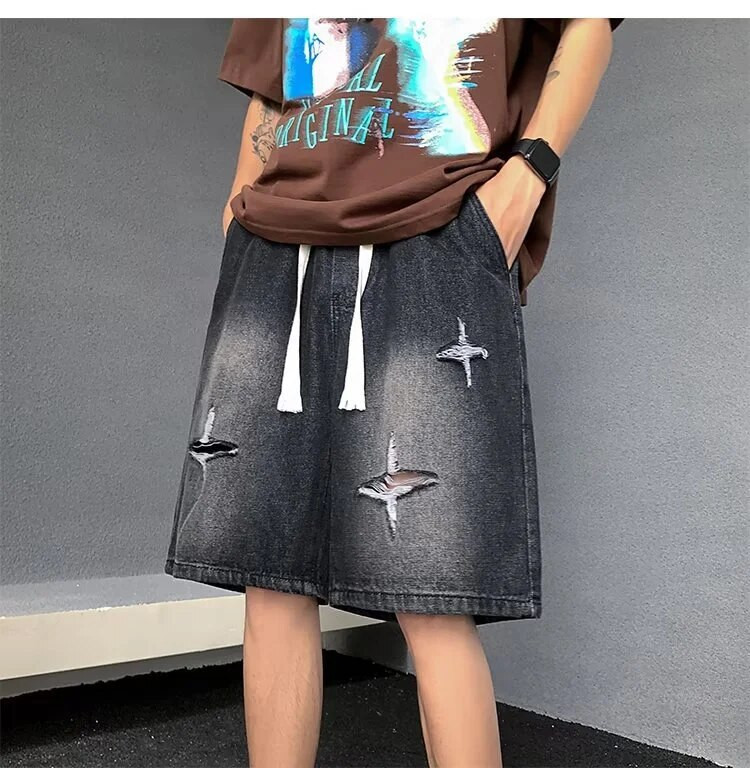 Anii 1950, retro americani, pantaloni scurți spălați cu cusături în cruce, bărbați, la modă, largi, versatili, pantaloni în cinci colțuri, drepti, în picioare