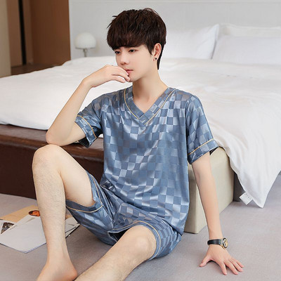 Férfi nyári pizsama szett Ice Silk V-nyakú, csúcskategóriás, egyszerű, rövid ujjú nappaliruha-ruha Fiatalabb középkorú apának otthoni ruházat