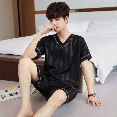 Férfi nyári pizsama szett Ice Silk V-nyakú, csúcskategóriás, egyszerű, rövid ujjú nappaliruha-ruha Fiatalabb középkorú apának otthoni ruházat
