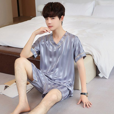Férfi nyári pizsama szett Ice Silk V-nyakú, csúcskategóriás, egyszerű, rövid ujjú nappaliruha-ruha Fiatalabb középkorú apának otthoni ruházat