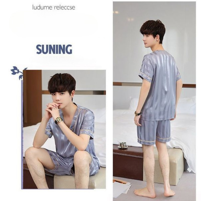 Férfi nyári pizsama szett Ice Silk V-nyakú, csúcskategóriás, egyszerű, rövid ujjú nappaliruha-ruha Fiatalabb középkorú apának otthoni ruházat