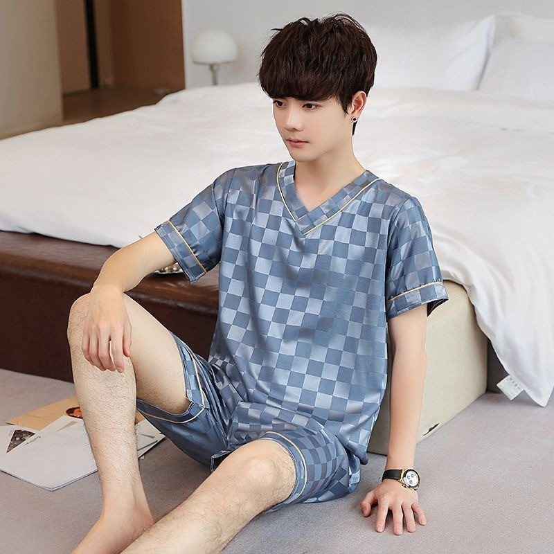 Férfi nyári pizsama szett Ice Silk V-nyakú, csúcskategóriás, egyszerű, rövid ujjú nappaliruha-ruha Fiatalabb középkorú apának otthoni ruházat