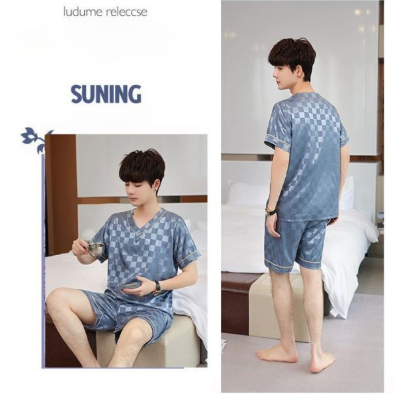 Férfi nyári pizsama szett Ice Silk V-nyakú, csúcskategóriás, egyszerű, rövid ujjú nappaliruha-ruha Fiatalabb középkorú apának otthoni ruházat