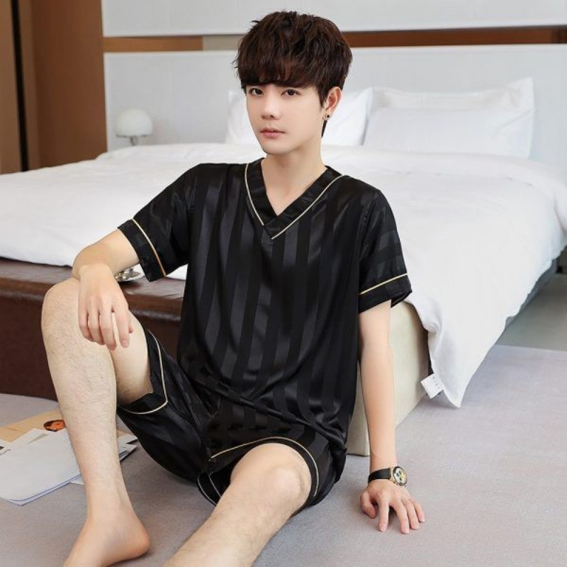 Férfi nyári pizsama szett Ice Silk V-nyakú, csúcskategóriás, egyszerű, rövid ujjú nappaliruha-ruha Fiatalabb középkorú apának otthoni ruházat