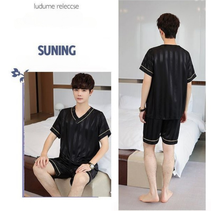 Férfi nyári pizsama szett Ice Silk V-nyakú, csúcskategóriás, egyszerű, rövid ujjú nappaliruha-ruha Fiatalabb középkorú apának otthoni ruházat