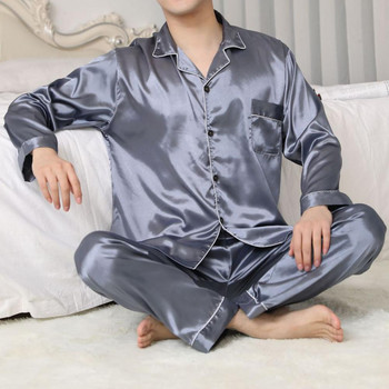 Есенен пижамен комплект Мъжки сатенен пижамен комплект с ревери с риза с дълги ръкави Широки панталони за есенно пролетно спално облекло Мъжки пижамен комплект