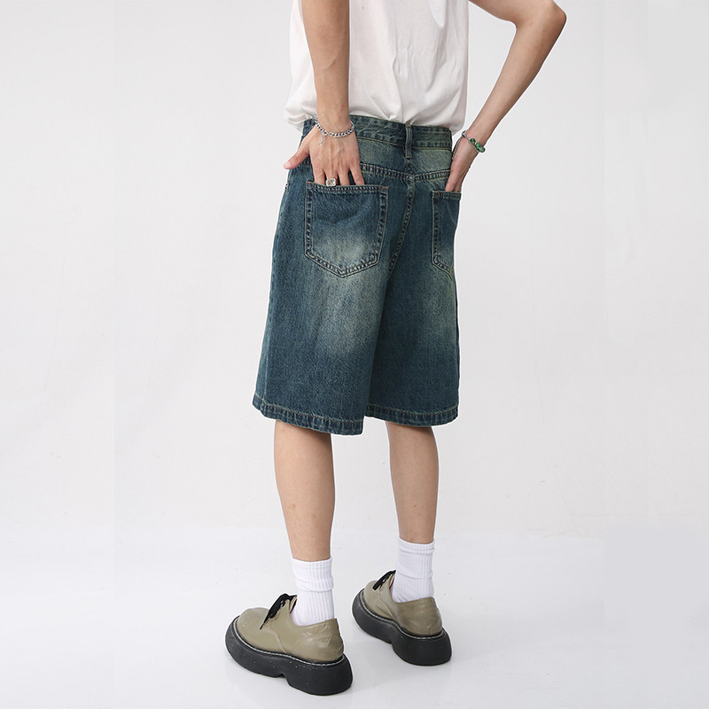 2024-es új klasszikus, nyári férfi egyenes farmer rövidnadrág koreai divat Vintage kék táskás rövid farmer férfi világosszürke