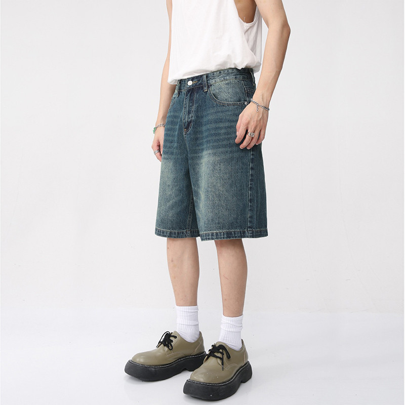 2024-es új klasszikus, nyári férfi egyenes farmer rövidnadrág koreai divat Vintage kék táskás rövid farmer férfi világosszürke