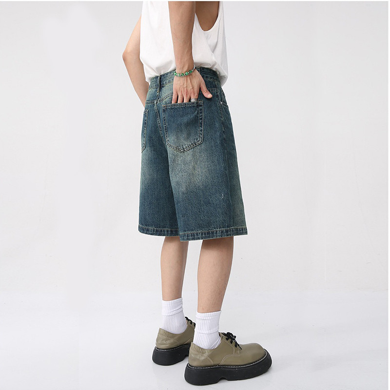 2024-es új klasszikus, nyári férfi egyenes farmer rövidnadrág koreai divat Vintage kék táskás rövid farmer férfi világosszürke