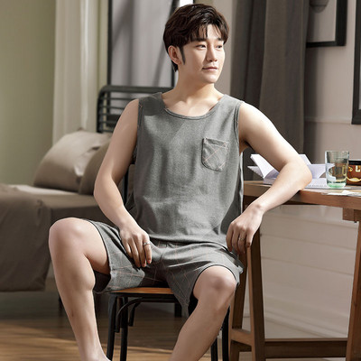 2024. gada jauna stila vīriešu pidžamu komplekts Vasaras plānas kokvilnas vīriešu pidžamu komplekti, veste, naktsveļa, topi bez piedurknēm + šorti 2gab./komplekts L-XXXXL