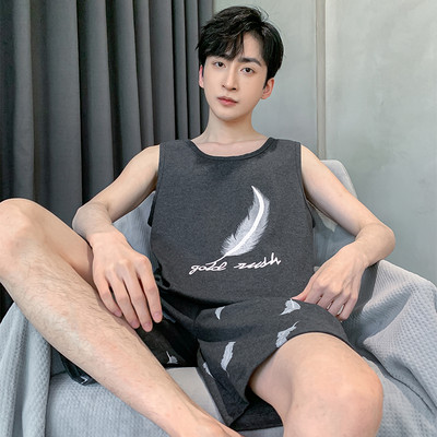 2024. gada jauna stila vīriešu pidžamu komplekts Vasaras plānas kokvilnas vīriešu pidžamu komplekti, veste, naktsveļa, topi bez piedurknēm + šorti 2gab./komplekts L-XXXXL