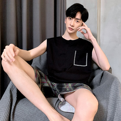 2024. gada jauna stila vīriešu pidžamu komplekts Vasaras plānas kokvilnas vīriešu pidžamu komplekti, veste, naktsveļa, topi bez piedurknēm + šorti 2gab./komplekts L-XXXXL