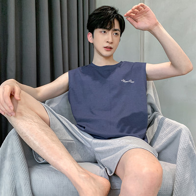 2024. gada jauna stila vīriešu pidžamu komplekts Vasaras plānas kokvilnas vīriešu pidžamu komplekti, veste, naktsveļa, topi bez piedurknēm + šorti 2gab./komplekts L-XXXXL