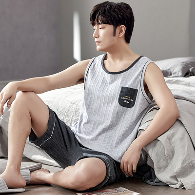 2024. gada jauna stila vīriešu pidžamu komplekts Vasaras plānas kokvilnas vīriešu pidžamu komplekti, veste, naktsveļa, topi bez piedurknēm + šorti 2gab./komplekts L-XXXXL