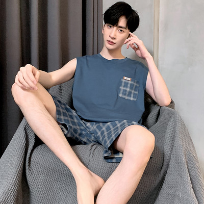 2024. gada jauna stila vīriešu pidžamu komplekts Vasaras plānas kokvilnas vīriešu pidžamu komplekti, veste, naktsveļa, topi bez piedurknēm + šorti 2gab./komplekts L-XXXXL