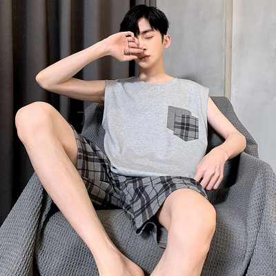 2024. gada jauna stila vīriešu pidžamu komplekts Vasaras plānas kokvilnas vīriešu pidžamu komplekti, veste, naktsveļa, topi bez piedurknēm + šorti 2gab./komplekts L-XXXXL