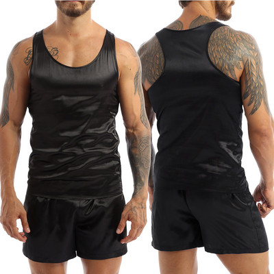 Férfi szatén pizsama szett Hálóruha Ujjatlan alsónadrág rövidnadrág Hálóruhák Hálóruhák Nyári hálóing nappaliruha Férfi mindennapi viselet