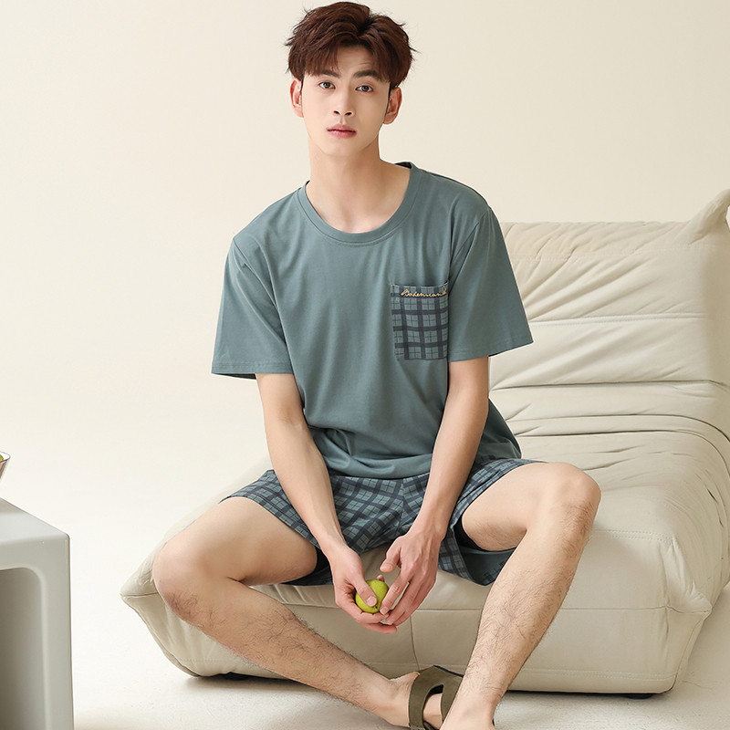 Meeste ruuduline mustriga pidžaamakomplekt Suvine kootud puuvillane pidžaama meeste koduriided lühikeste varrukatega topid + lühikesed püksid 2 tk/komplekt Magamisriided