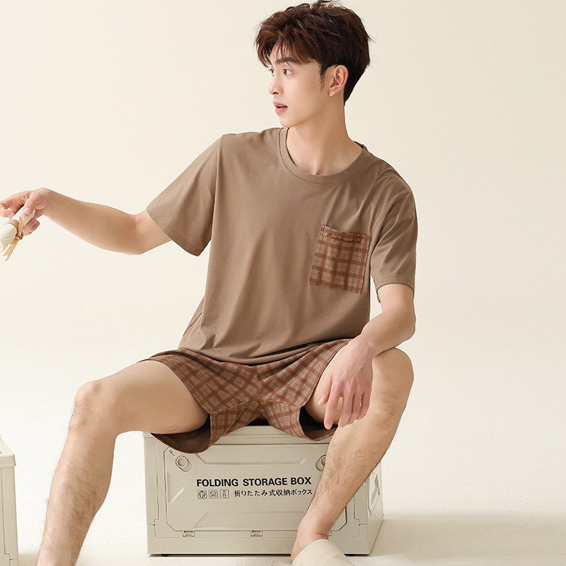 Meeste ruuduline mustriga pidžaamakomplekt Suvine kootud puuvillane pidžaama meeste koduriided lühikeste varrukatega topid + lühikesed püksid 2 tk/komplekt Magamisriided