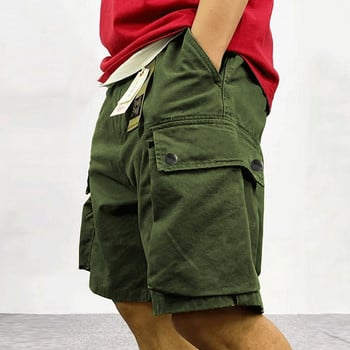 Мъжко пролетно лято улично облекло Мъжки къси панталони Винтидж едноцветни къси панталони Мъжки модни кръпки Дизайн на джобове Свободен карго къс панталон