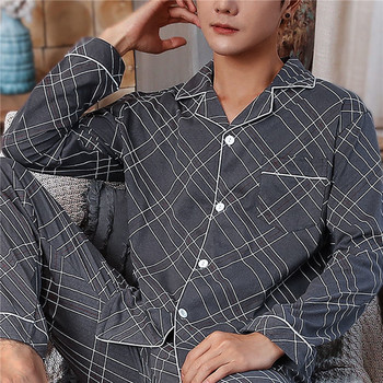 Мъжка пролетна есенна памучна пижама Мека топла риза с дълъг ръкав Топ+панталон Висококачествен темперамент Костюми за домашно облекло от 2 части M-4XL