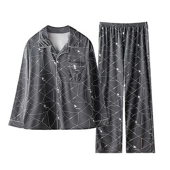 Мъжка пролетна есенна памучна пижама Мека топла риза с дълъг ръкав Топ+панталон Висококачествен темперамент Костюми за домашно облекло от 2 части M-4XL