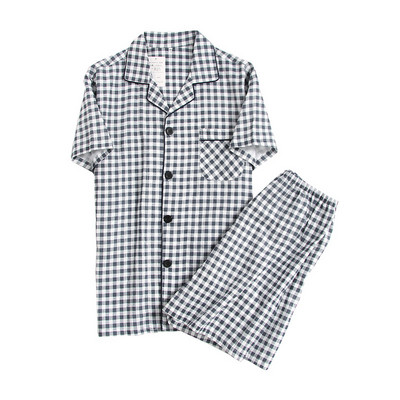 Vīriešu vasaras kokvilnas dzijas naktsveļa ar īsām piedurknēm rūtaini nolaižami apkakles vīriešu pidžamu komplekti lielizmēra pidžamu pidžamu guļamkostīmi