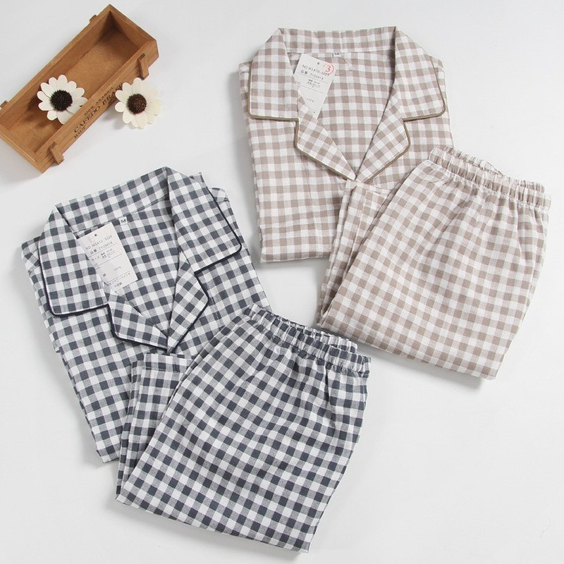 Vīriešu vasaras kokvilnas dzijas naktsveļa ar īsām piedurknēm rūtaini nolaižami apkakles vīriešu pidžamu komplekti lielizmēra pidžamu pidžamu guļamkostīmi