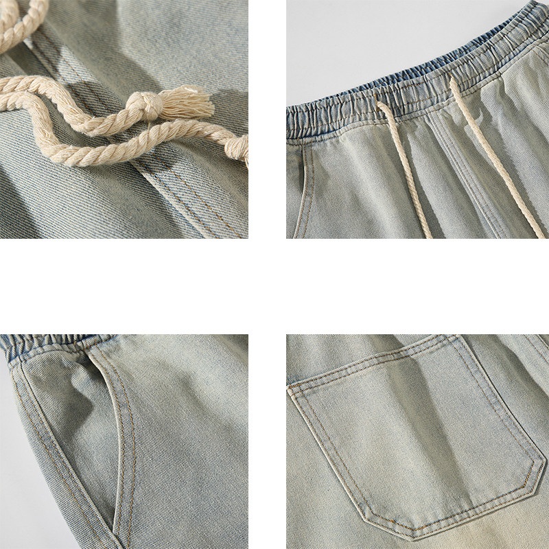 2024 nyár, új férfi farmer rövidnadrág, bő, egyenes lábú, táskás farmernadrág, divatos, széles szárú, rugalmas derékú koreai utcai viselet