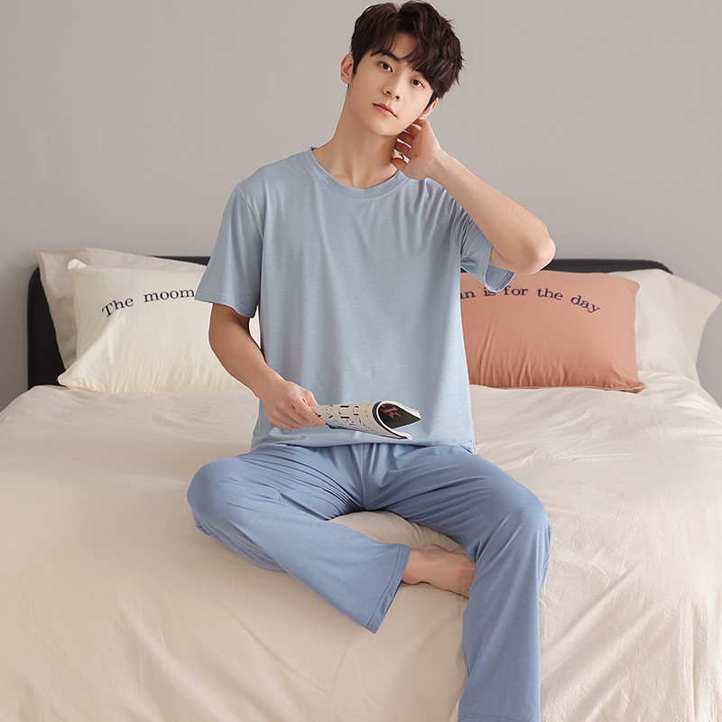 Nyári férfi, puha modális pizsama szett Egyszerű rövid ujjú felsők + hosszú nadrágok hálóruha Otthoni viselet öltönyök divatos hálóruha férfiaknak