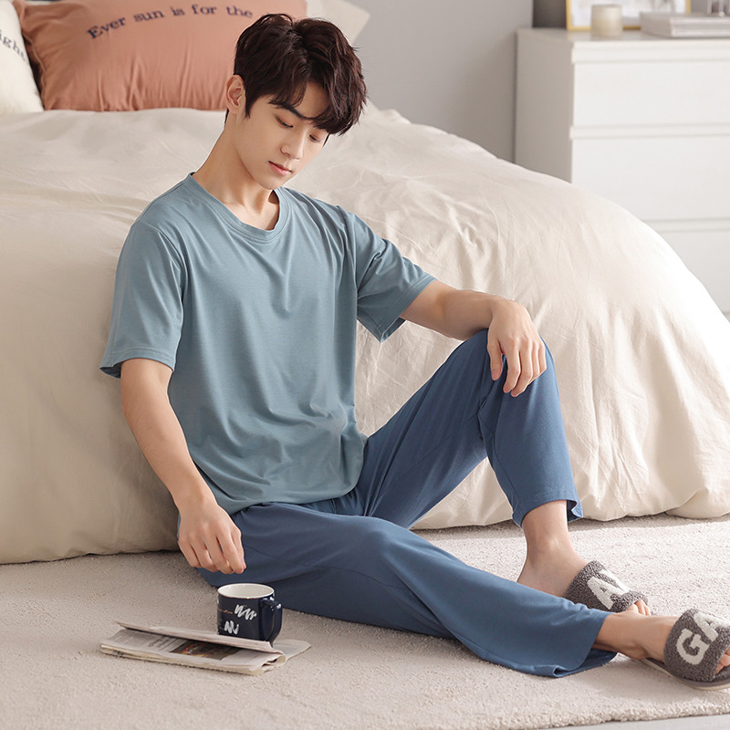 Nyári férfi, puha modális pizsama szett Egyszerű rövid ujjú felsők + hosszú nadrágok hálóruha Otthoni viselet öltönyök divatos hálóruha férfiaknak