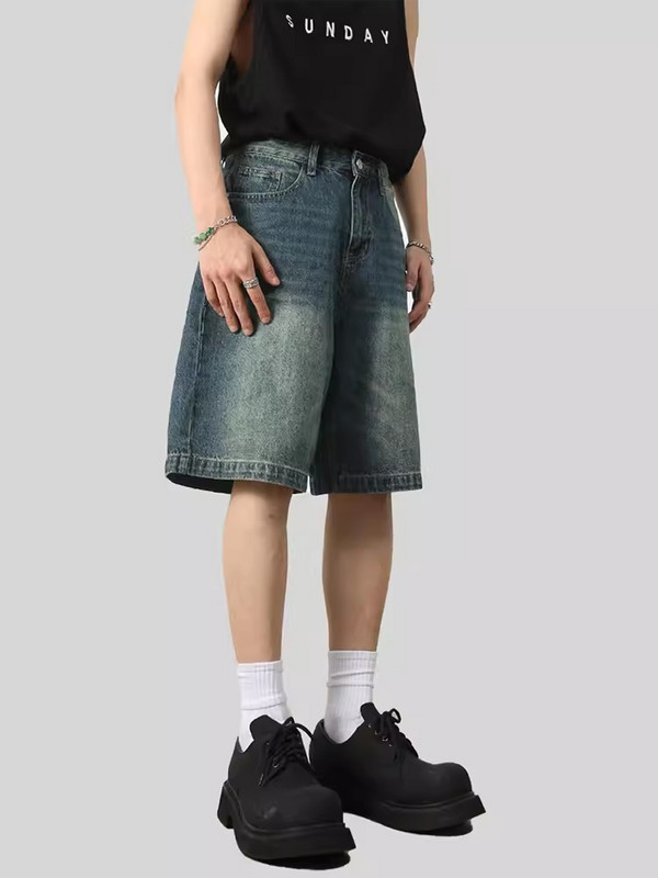 REDDACHiC Pantaloni largi periați, albaștri, retro, bărbați, mustăți, simplu, picior lat, ocazional, blugi tăiați până la genunchi, pantaloni scurți din denim haine de vară