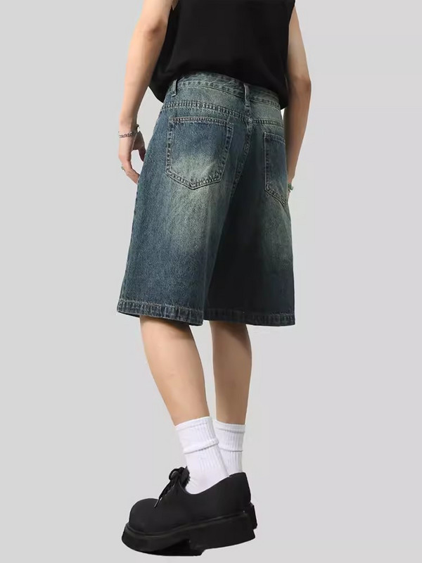 REDDACHiC Pantaloni largi periați, albaștri, retro, bărbați, mustăți, simplu, picior lat, ocazional, blugi tăiați până la genunchi, pantaloni scurți din denim haine de vară