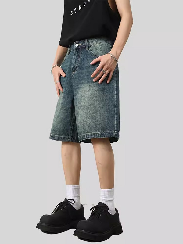 REDDACHiC Pantaloni largi periați, albaștri, retro, bărbați, mustăți, simplu, picior lat, ocazional, blugi tăiați până la genunchi, pantaloni scurți din denim haine de vară