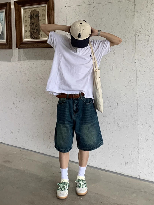 REDDACHiC Pantaloni largi periați, albaștri, retro, bărbați, mustăți, simplu, picior lat, ocazional, blugi tăiați până la genunchi, pantaloni scurți din denim haine de vară