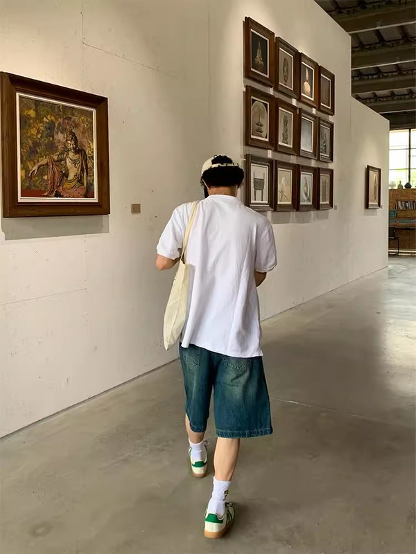 REDDACHiC Pantaloni largi periați, albaștri, retro, bărbați, mustăți, simplu, picior lat, ocazional, blugi tăiați până la genunchi, pantaloni scurți din denim haine de vară