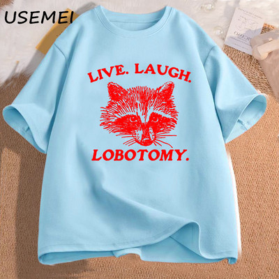 Live Laugh Lobotomy T-särk Meemi Raccoon Graafiline T-särk Vintage puuvillane lühikeste varrukatega trükitud T-särk Meeste riided Tänavarõivad
