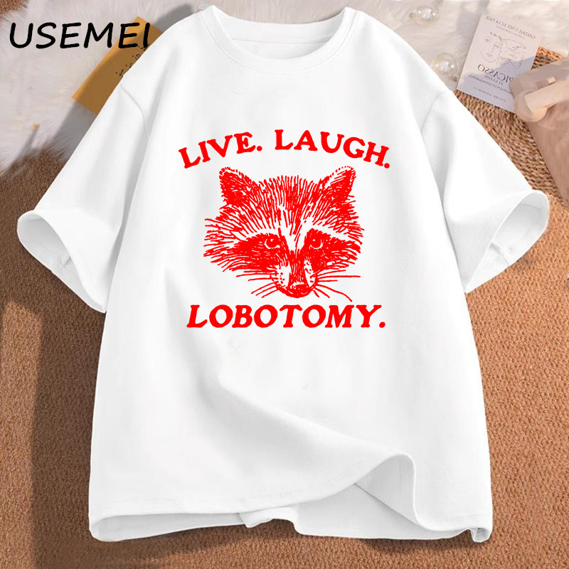 Live Laugh Lobotomy T krekls Meme Raccoon Graphic T krekls Vintage kokvilnas īsām piedurknēm apdrukāts T krekls Vīriešu apģērbi Ielu apģērbi