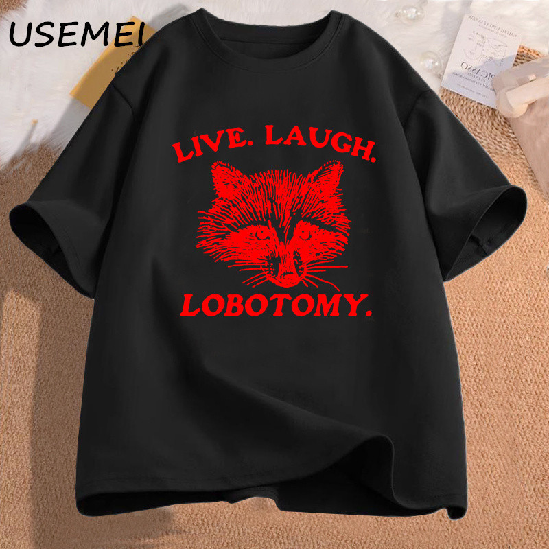 Live Laugh Lobotomy T krekls Meme Raccoon Graphic T krekls Vintage kokvilnas īsām piedurknēm apdrukāts T krekls Vīriešu apģērbi Ielu apģērbi
