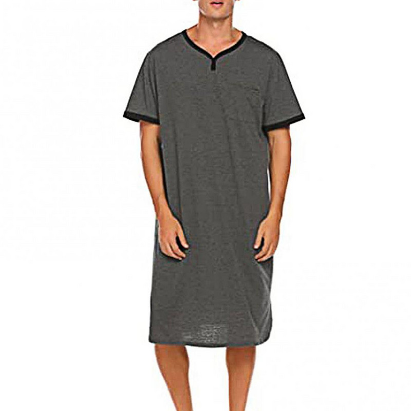 Brīvs vīriešu guļamveļa ar īsām piedurknēm O kakla kabatas naktskrekls līdz ceļgalam naktskrekls mājas apģērbs liela izmēra 3XL silts apģērbs vīriešiem
