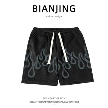 Американски мъжки спортни шорти Летни хип-хоп High Street Flame Graphic Shorts Модни мъжки дрехи Свободни големи панталони