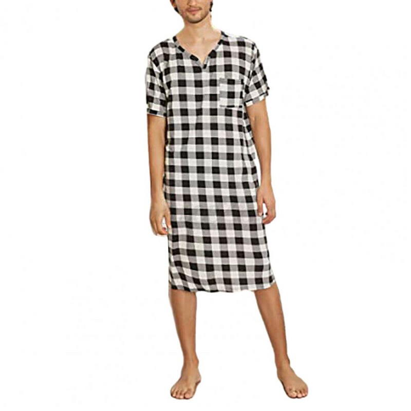 Összehangolt fej-váll arányú pizsama V-nyakú pizsama kockás mintás férfi nyári pizsama rövid ujjú mellkassal otthoni viselethez